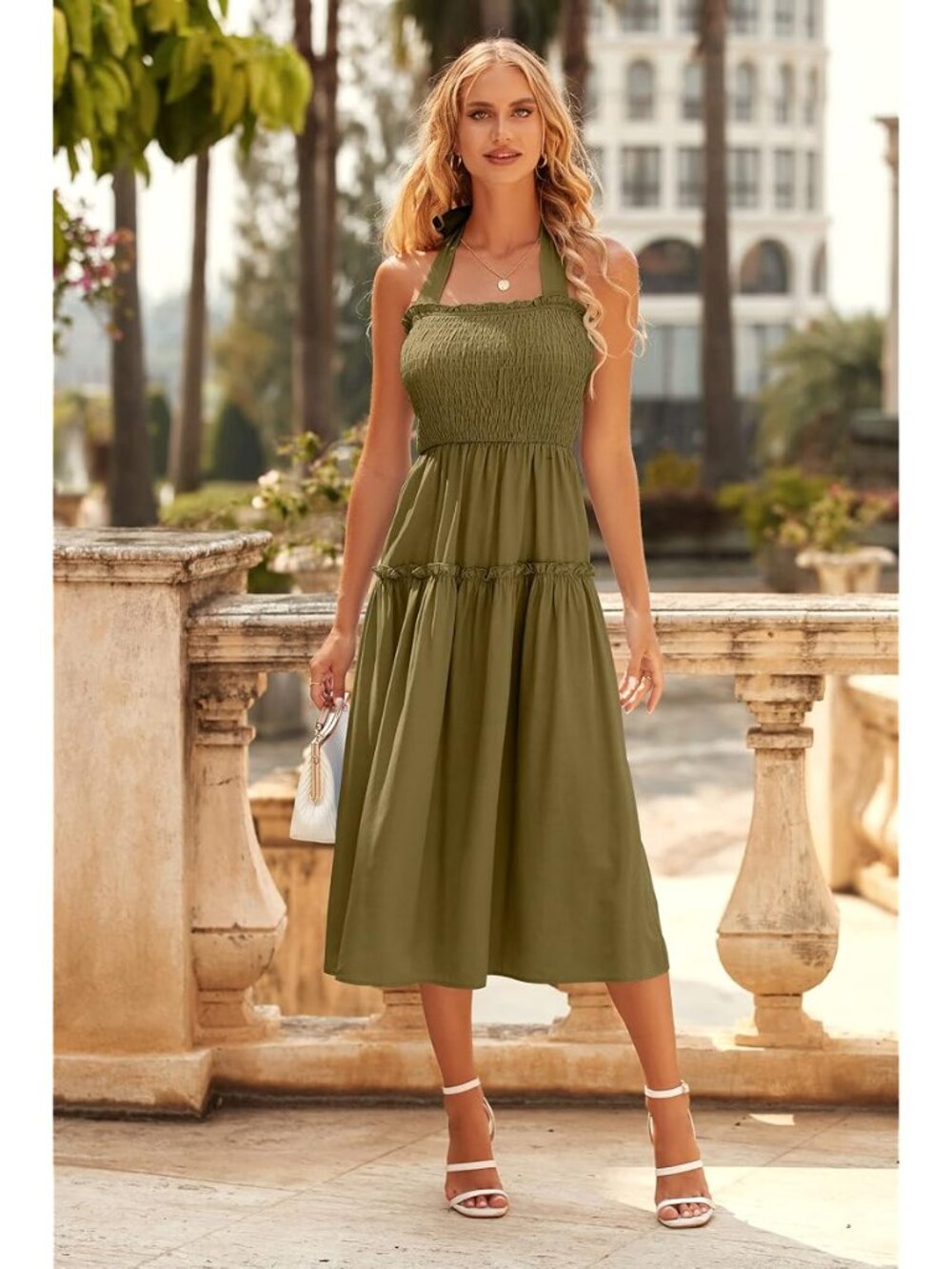 PRETTYGARDEN Camel Smocked Halter Tiered Maxi Dress Size XL